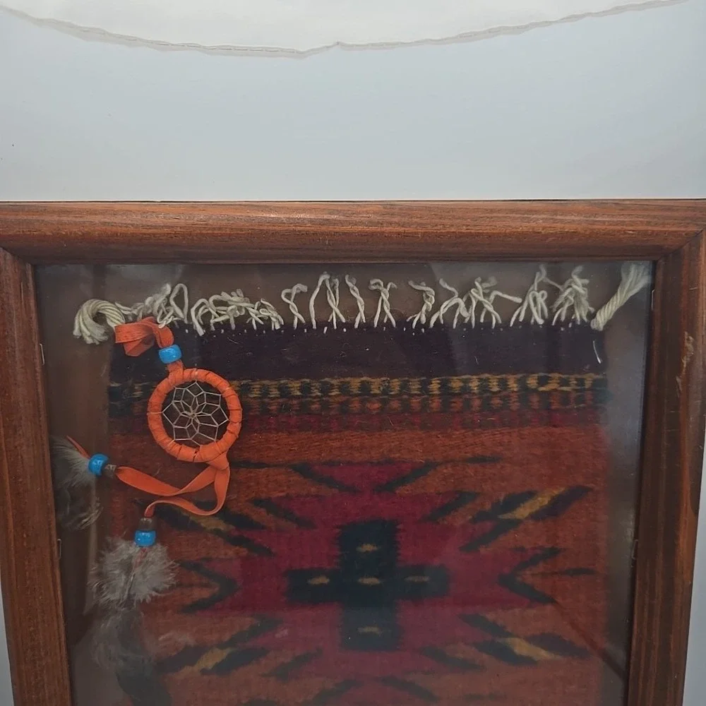 Native Indian Zapotec Oaxaca Fringed‎ Mini Wool Rug Framed